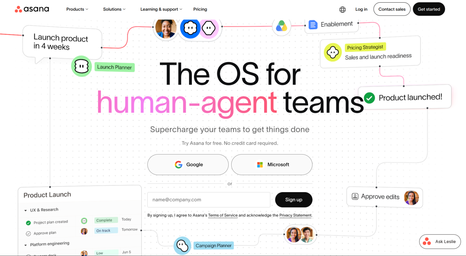 Screenshot of the Asana landing page, showing a headline "The OS for human-agent teams"