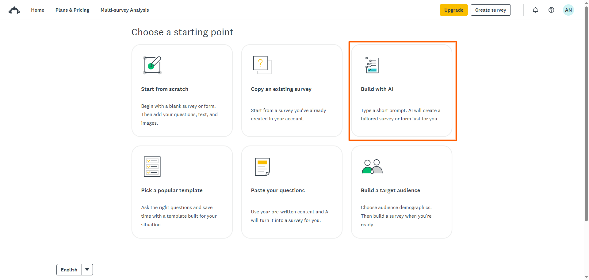 SurveyMonkey "Choose a starting point" menu "Build with AI" Button