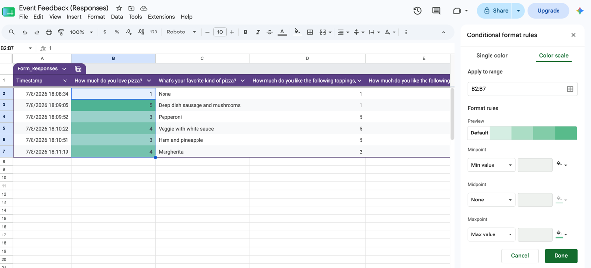 Google Sheets interface showing the conditional format rules settings