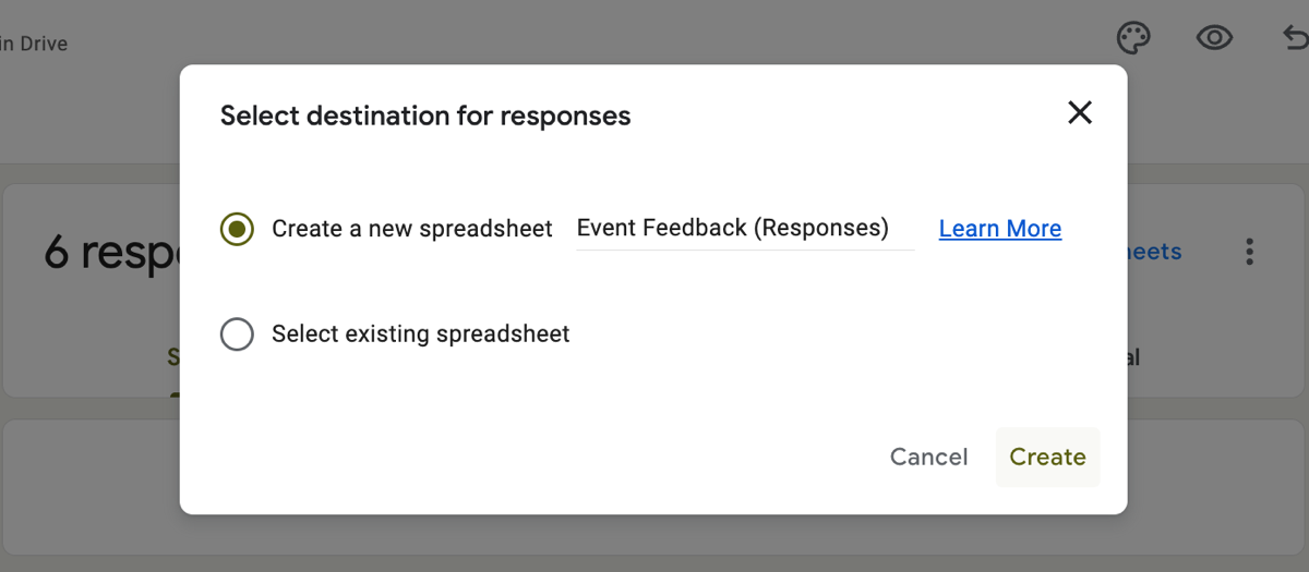Google Forms interface showing the popup window when you click the "Link to Sheets" option