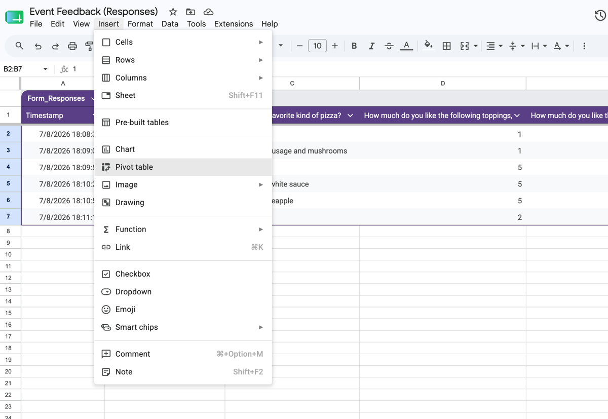 Google Sheets interface showing the "Pivot table" option under the "Insert" menu