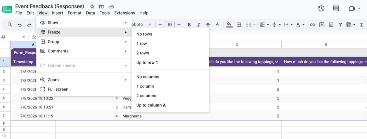 Google Sheets interface showing how to freeze the first row