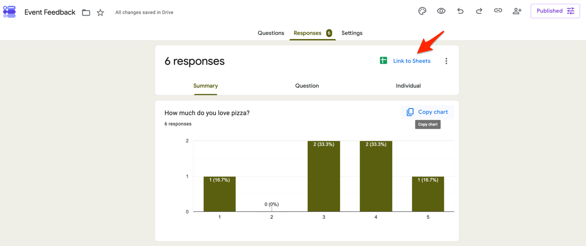 Google Forms Responses Tab "Link to Sheets" button