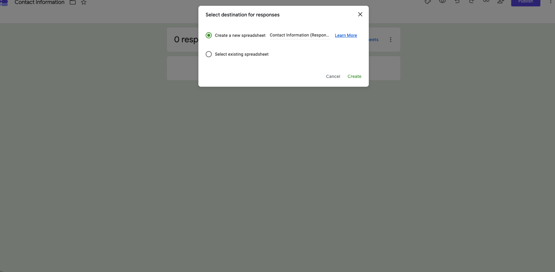 Google Forms interface showing the popup window that appears when you link the form to a spreadsheet