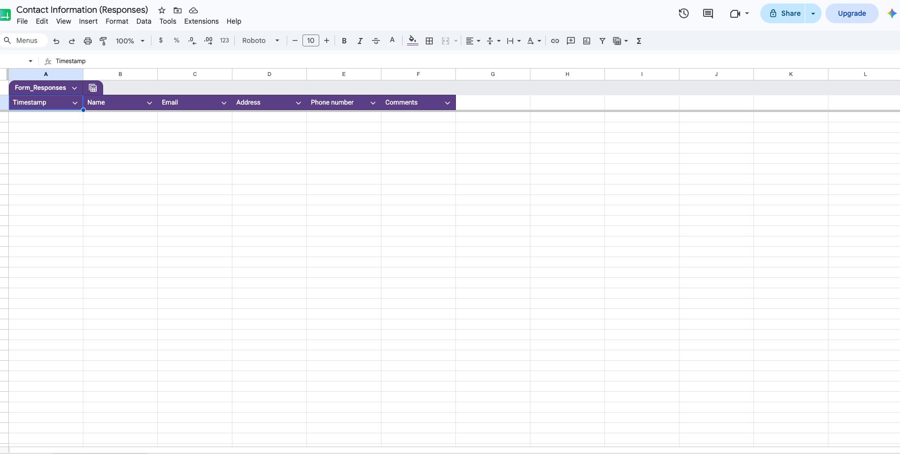 Google Sheets interface showing the table created from a Google Form's responses