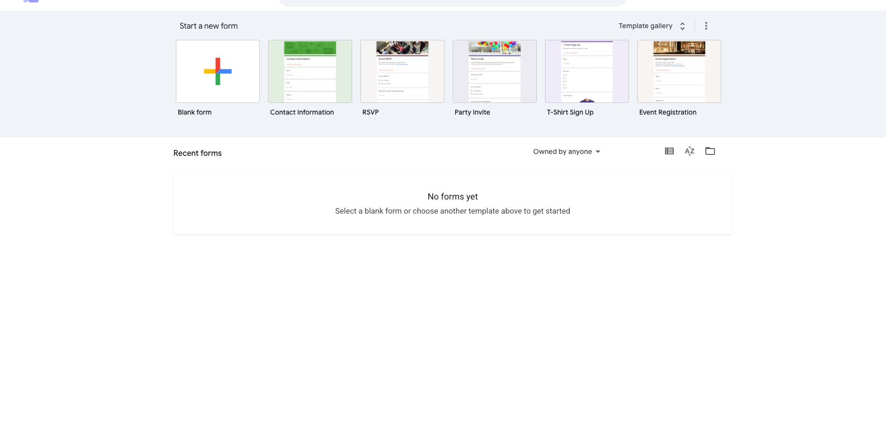 Google Forms welcome screen showing the option to start a new form or select a recent form