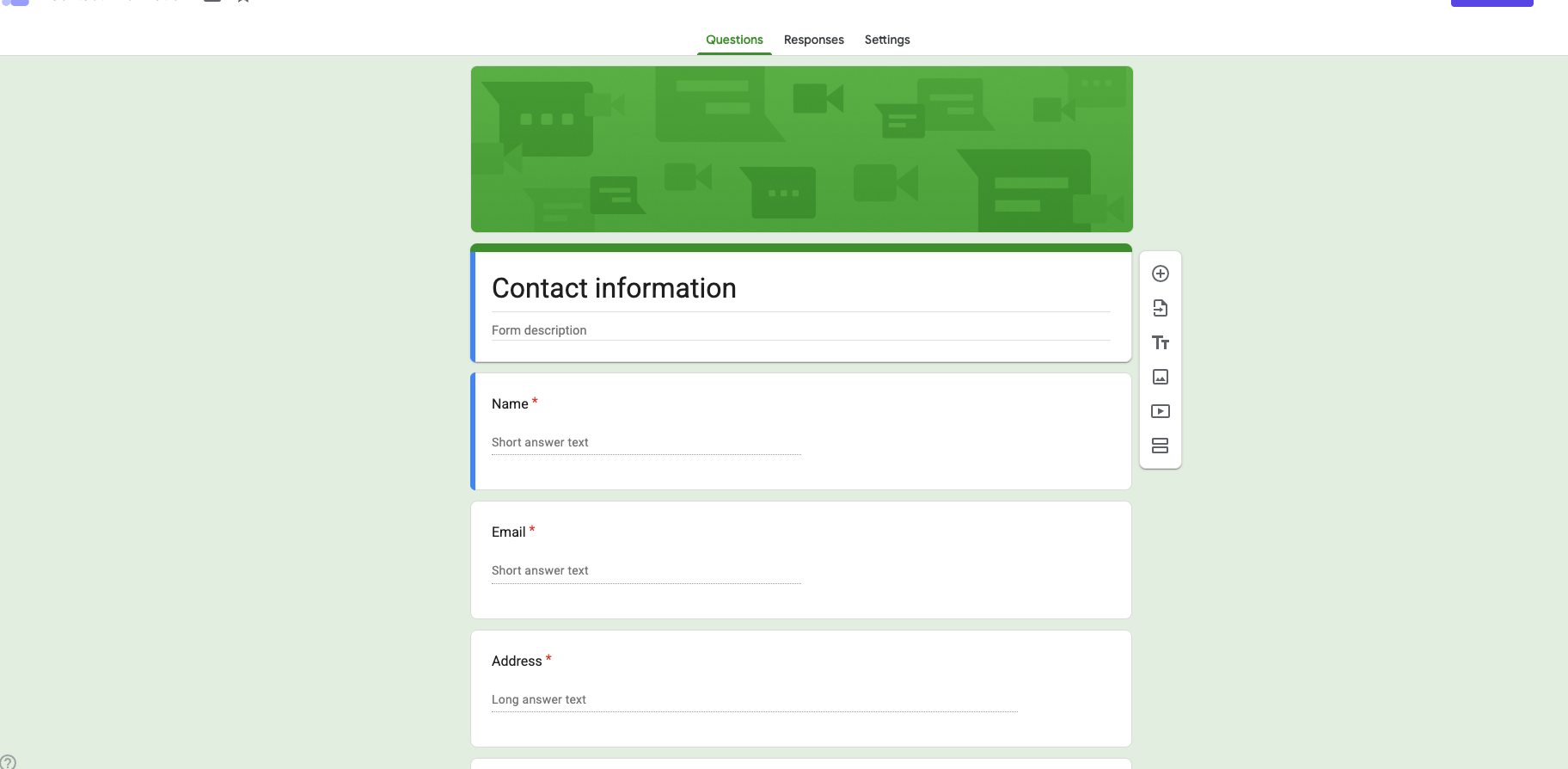 Google Forms interface showing an example Google Form and the Responses tab at the top of the screen