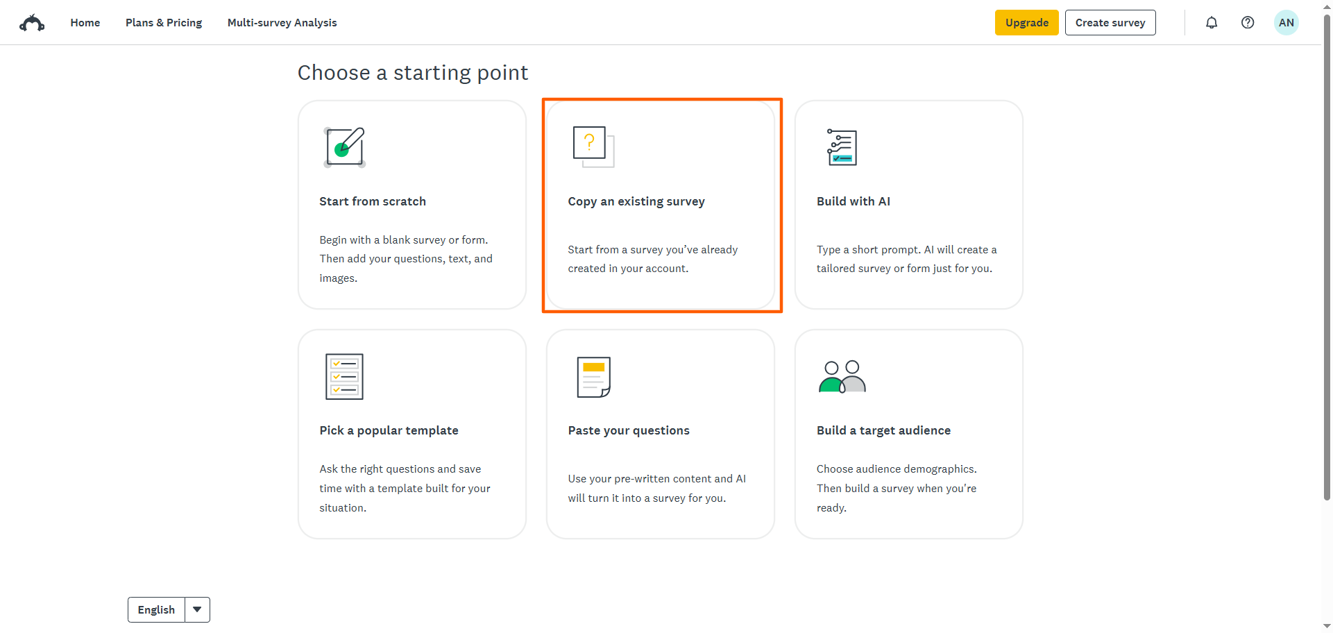 SurveyMonkey "Choose a starting point" menu "Copy an existing survey" Button