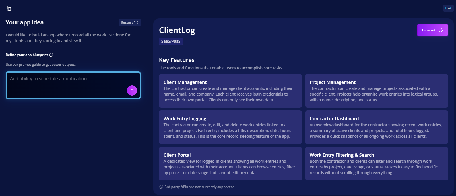 Screenshot of using the AI agent within Bubble to create an app