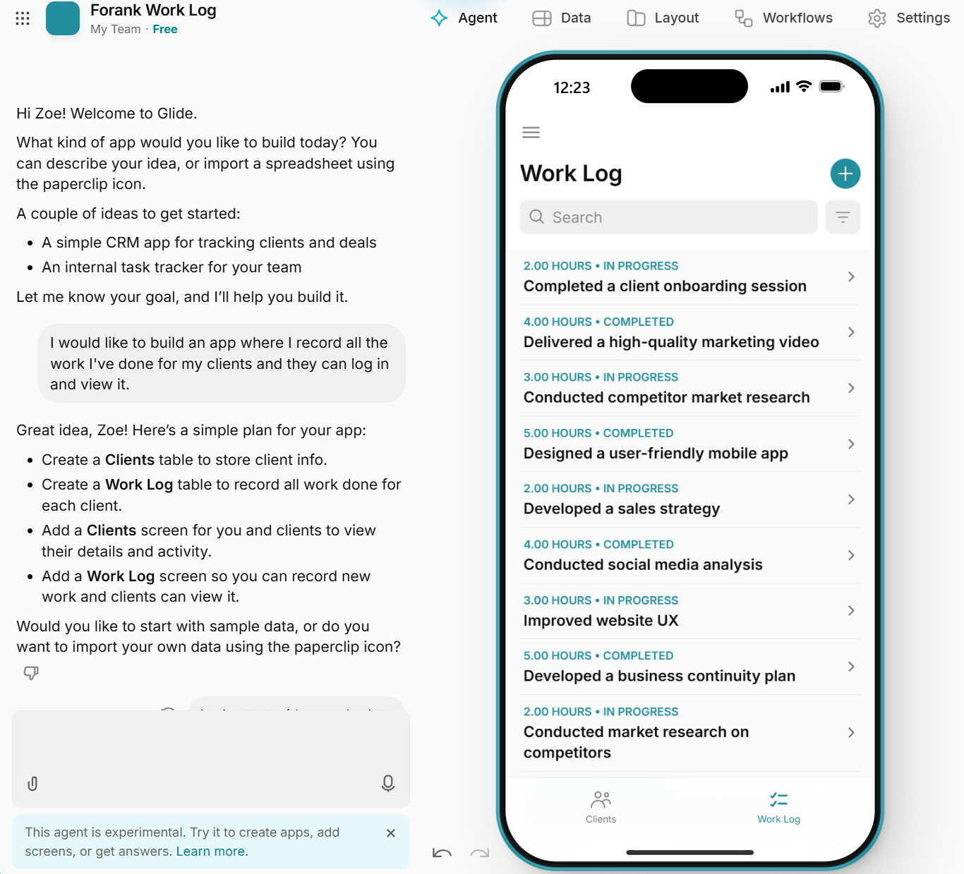 Screenshot of using the AI agent within Glide to create an app
