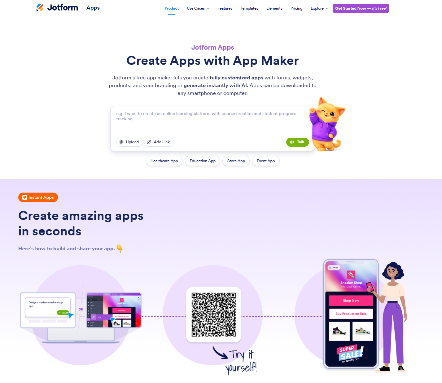 Screenshot from Jotform's website showing the AI agent that creates no-code apps from text prompts