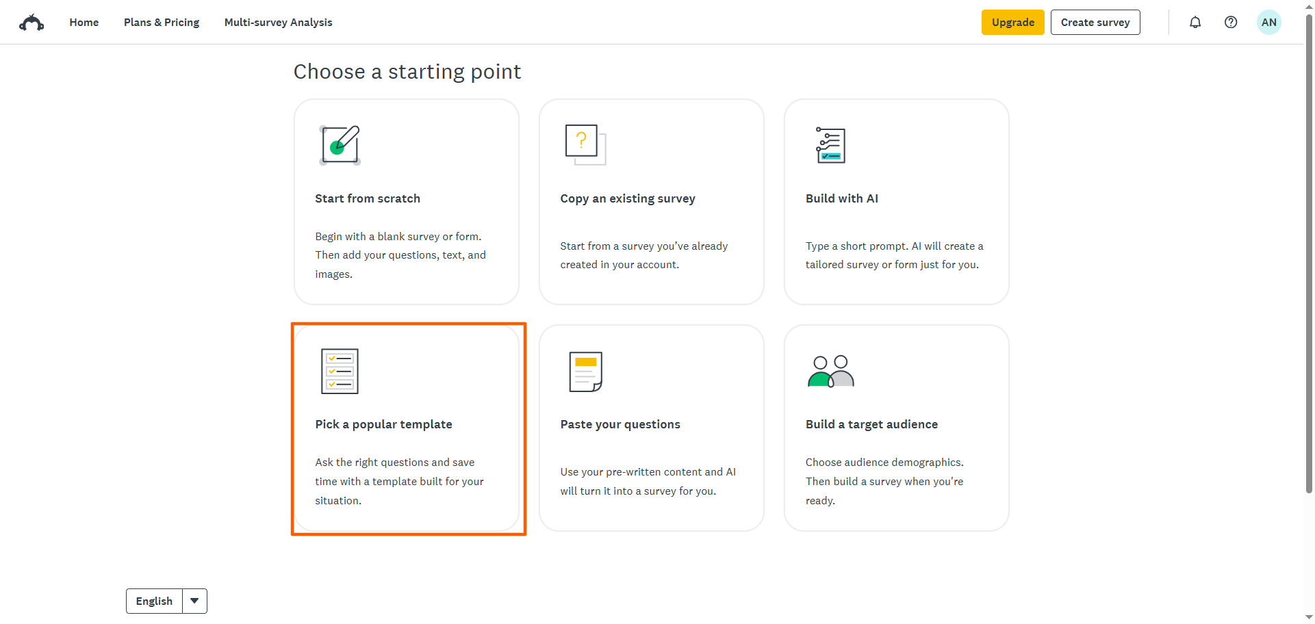 SurveyMonkey "Choose a starting point" menu "Pick a popular template" Button