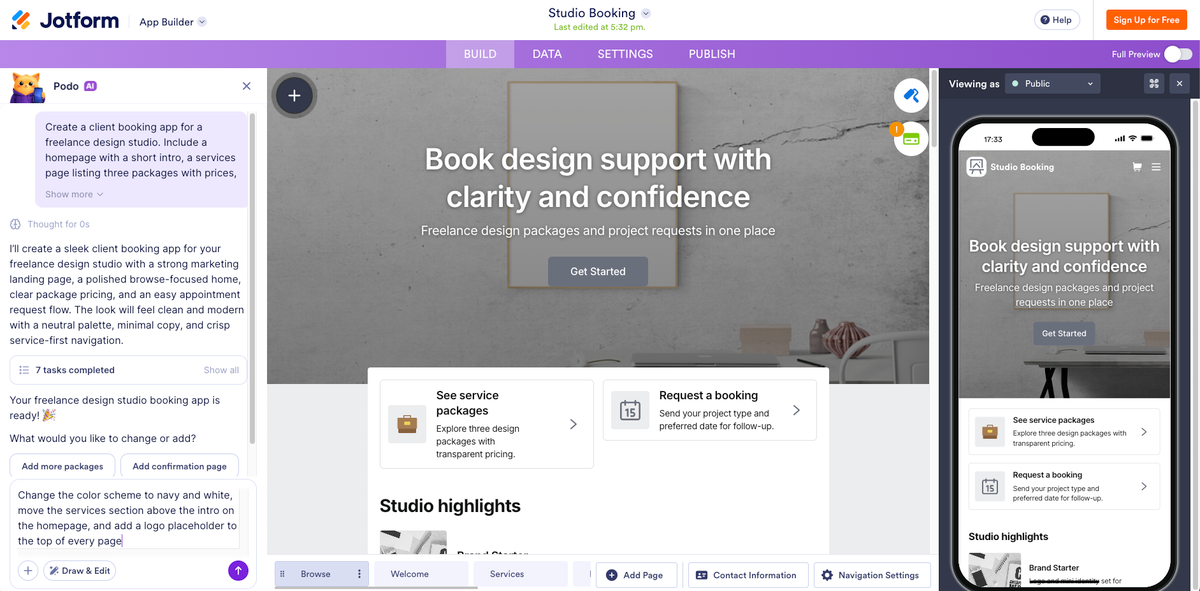 Jotform App Builder, Studio Booking App Designed by Jotform AI
