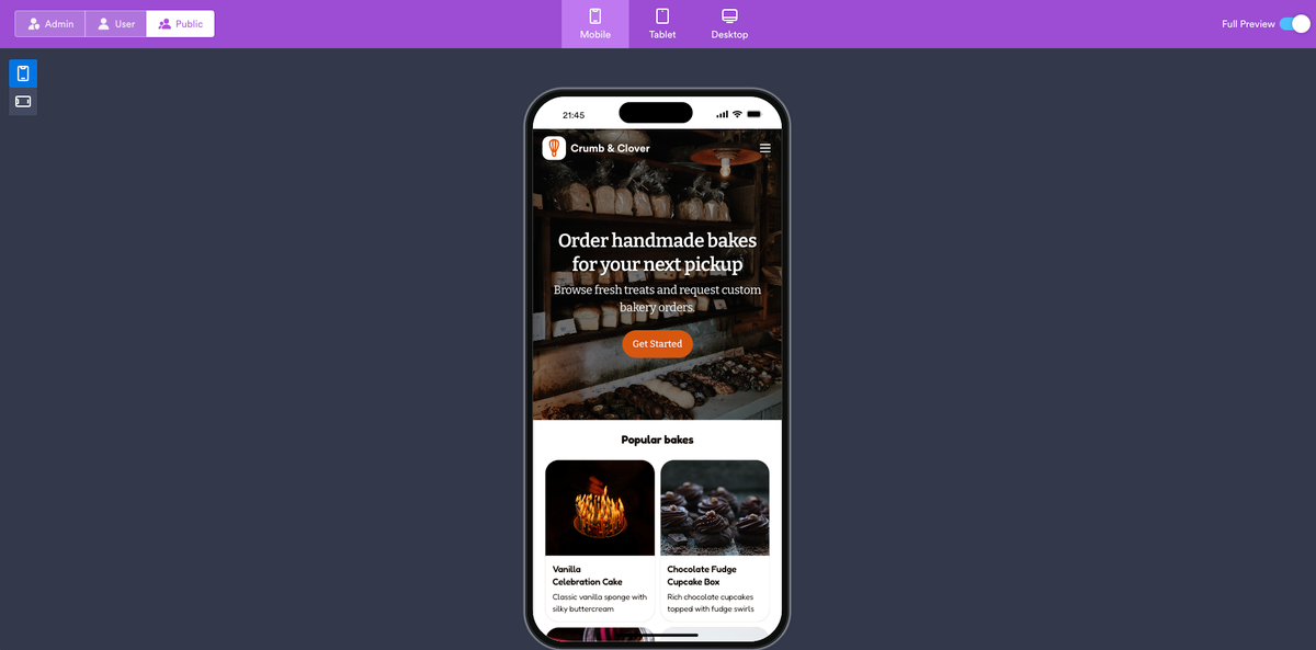 Mobile preview of the completed Crumb & Clover bakery app featuring a homepage with a bakery hero image, featured baked goods, and navigation optimized for smartphones