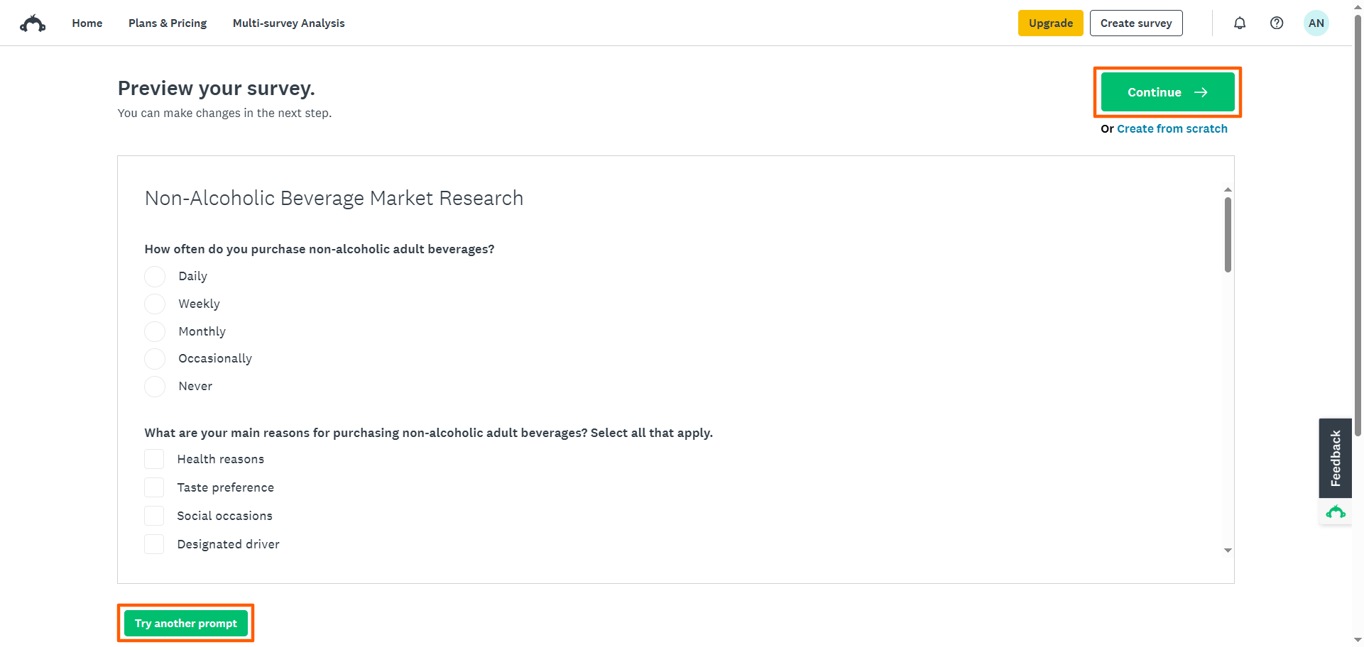 SurveyMonkey Build with AI Tool Survey Preview and Continue Button