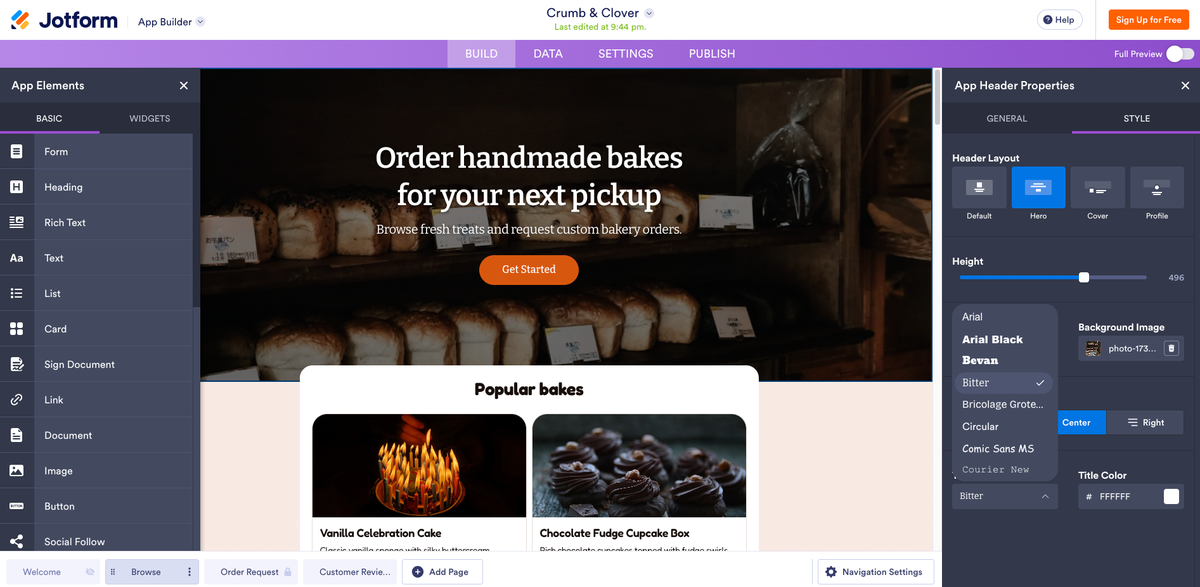 Jotform App Builder editor with the bakery app open, showing the App Elements panel and header style settings while customizing the homepage layout and appearance