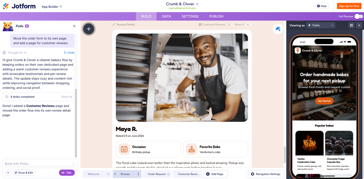 Jotform App Builder with the Podo AI chatbot showing a request to move the order form to its own page and add a customer reviews page, alongside the updated bakery app preview