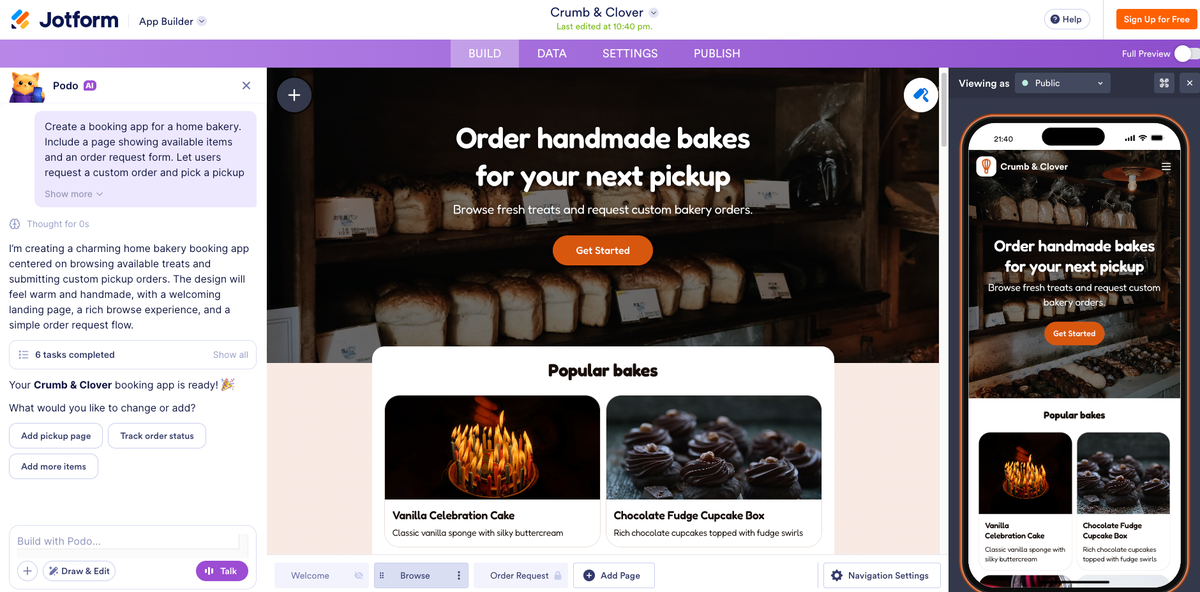 Jotform App Builder displaying the AI-generated home bakery app with the Podo AI assistant, a bakery-themed homepage, featured baked goods, and a mobile preview of the app