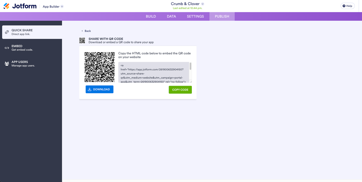 Jotform App Builder publish page displaying a QR code and embed code for sharing or publishing the completed bakery app
