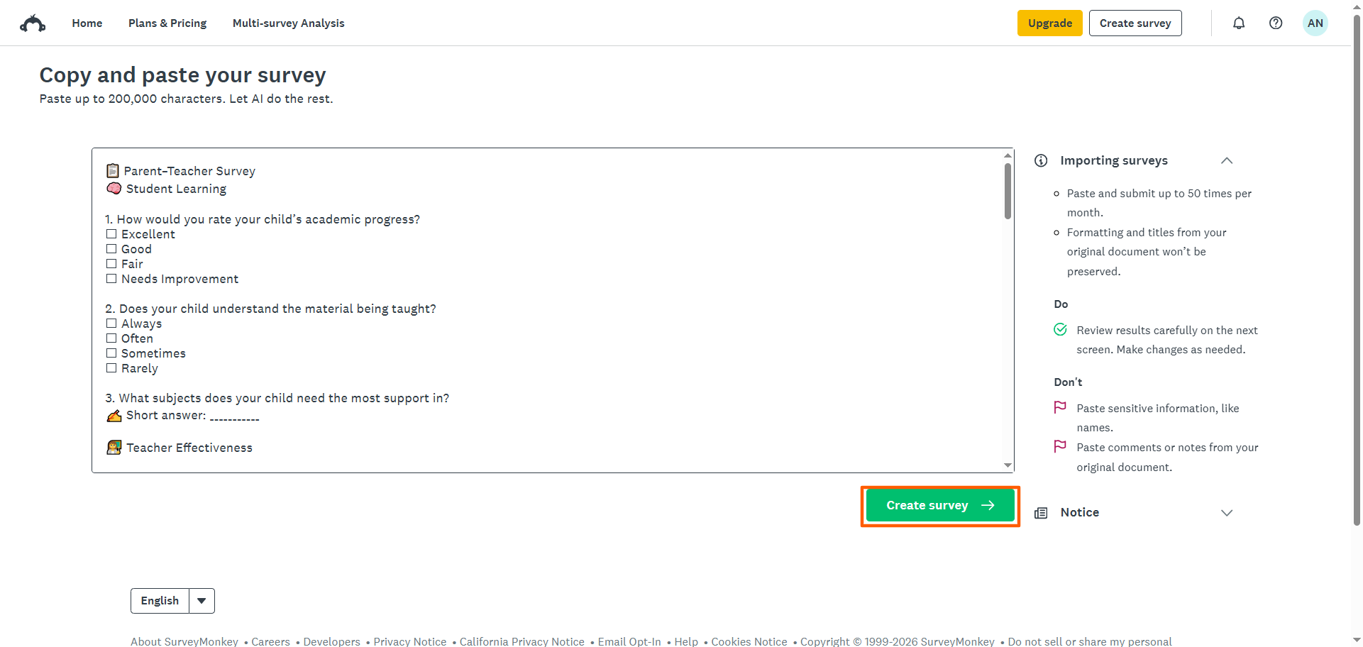 SurveyMonkey "Copy and paste your survey" Text Box and "Create survey" button