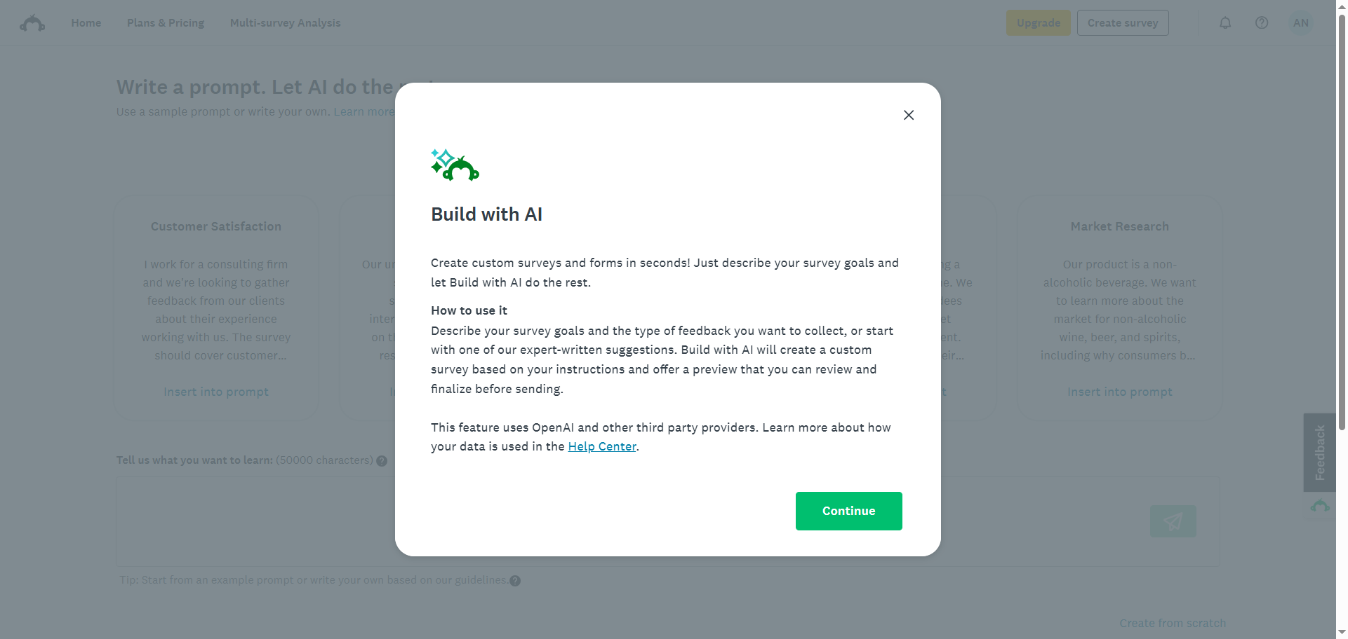 SurveyMonkey Build with AI tool Instructions Disclaimer Pop-up