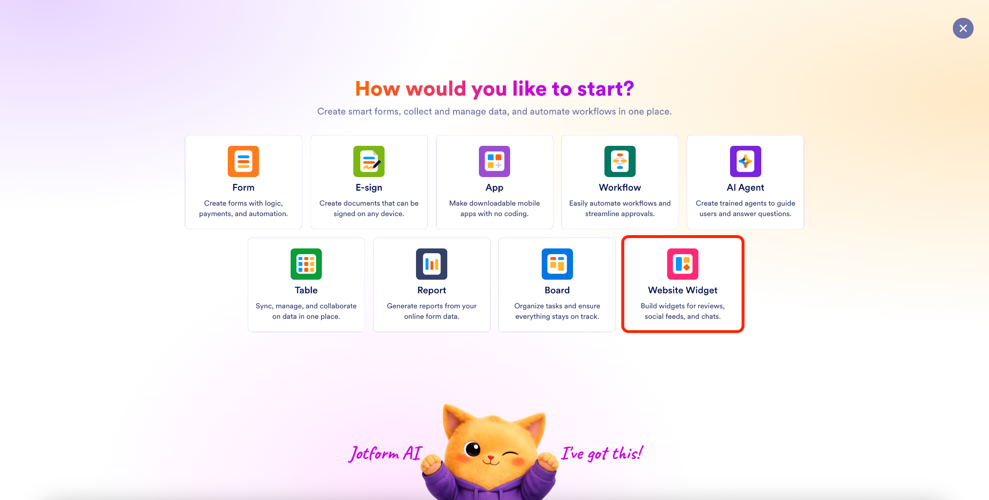 Seleccionando la opción de Widgets de sitio web desde la página principal del espacio de trabajo