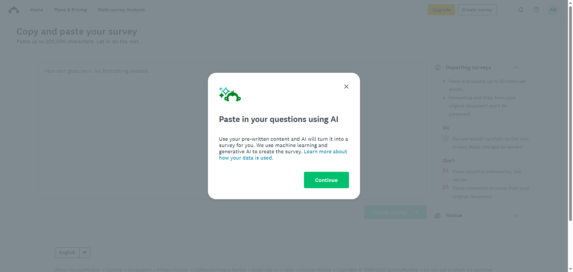 SurveyMonkey "Paste in your questions using AI" Feature Disclaimer Pop-up