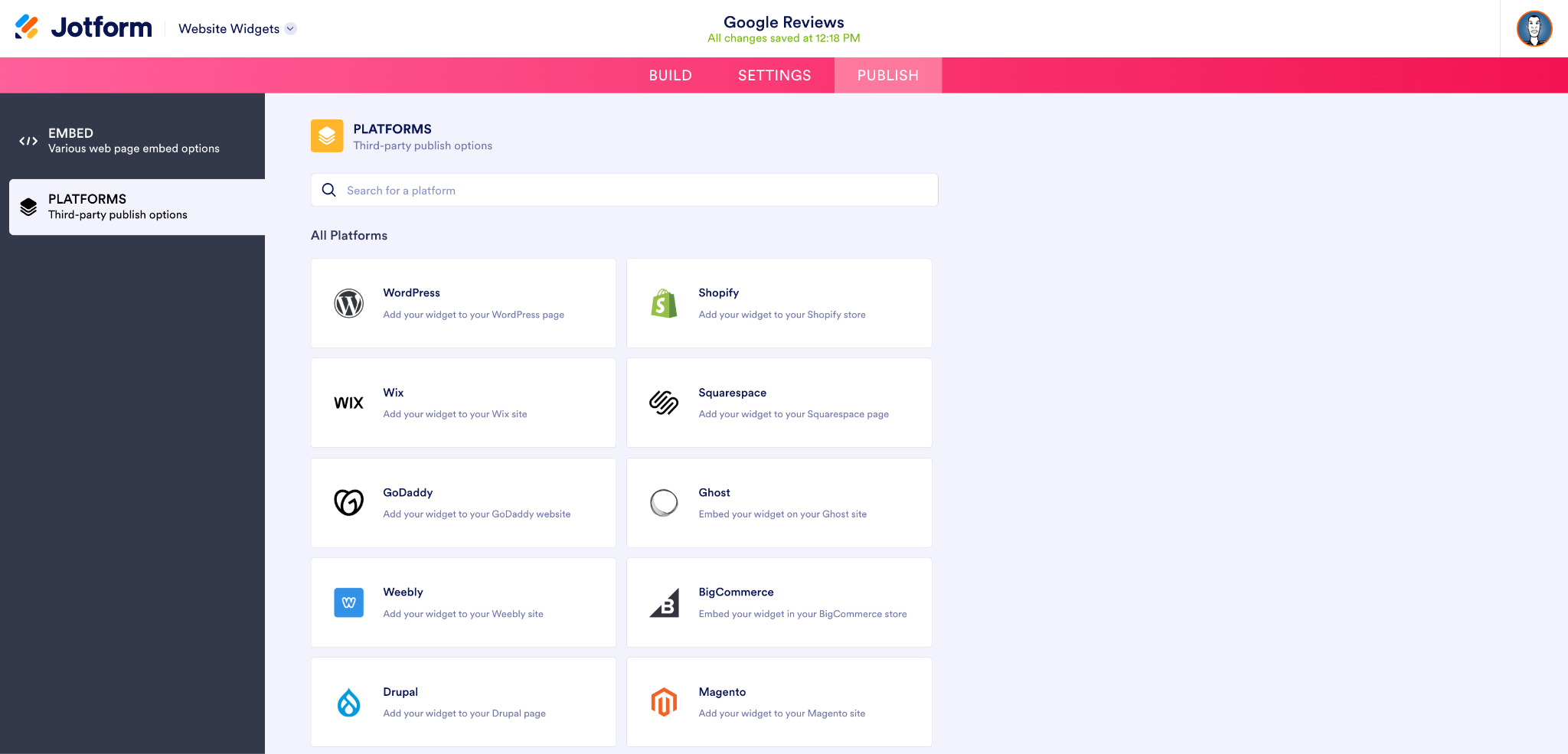 Visualizando las plataformas en el creador de widgets de sitio web de Jotform