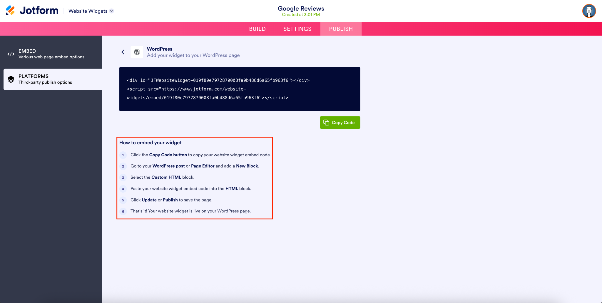 Visualizando las instrucciones sobre "Cómo insertar tu widget" en la página de plataformas de WordPress