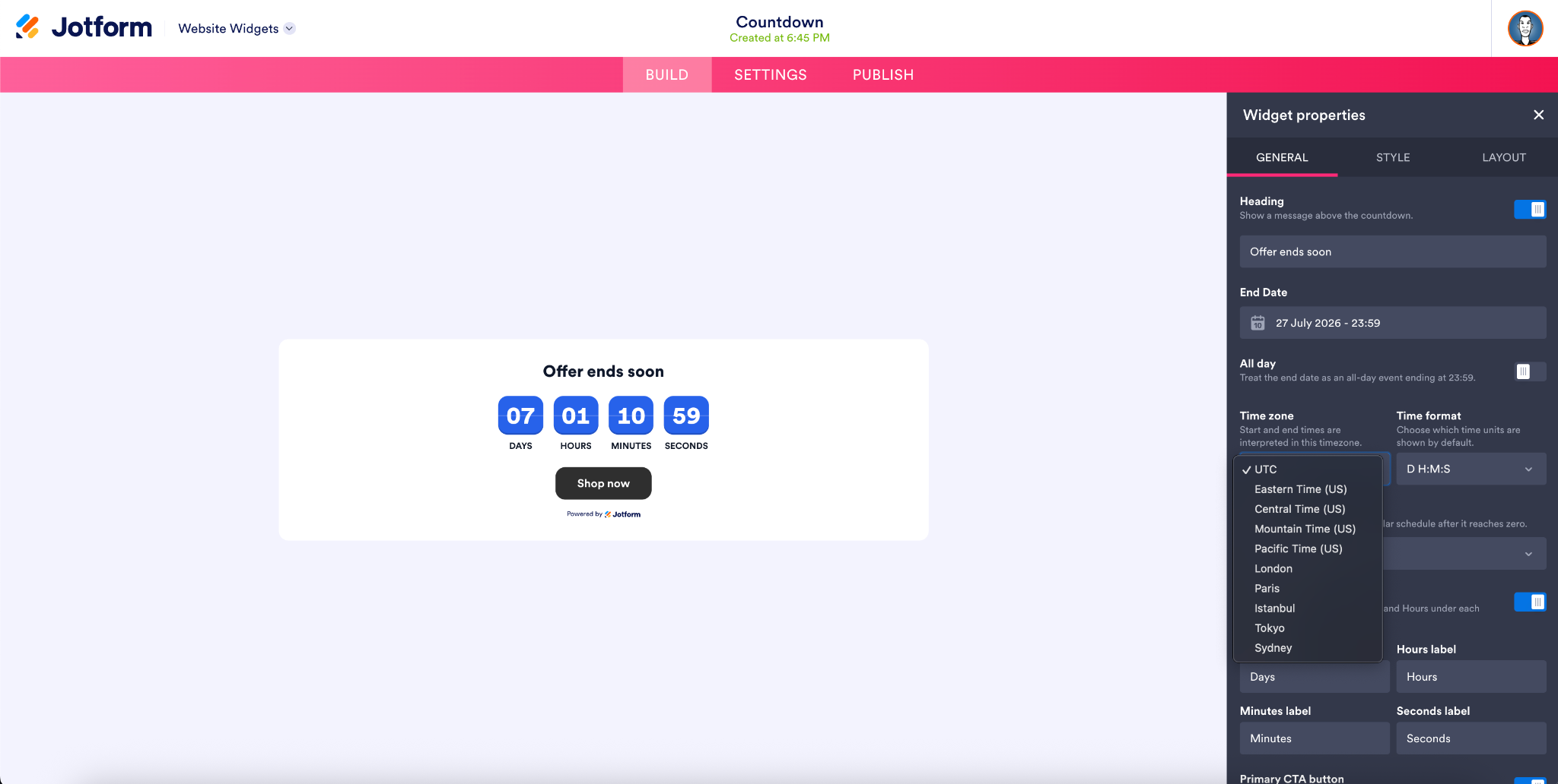 Visualizando las propiedades del widget en el creador de widgets de sitio web