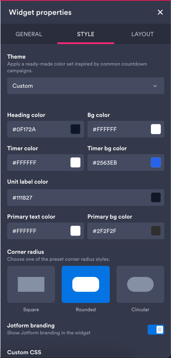 Visualizando la pestaña Estilo de las propiedades del widget