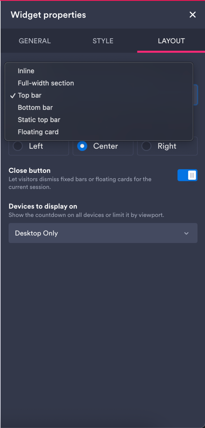Visualizando la pestaña Diseño de las propiedades del widget