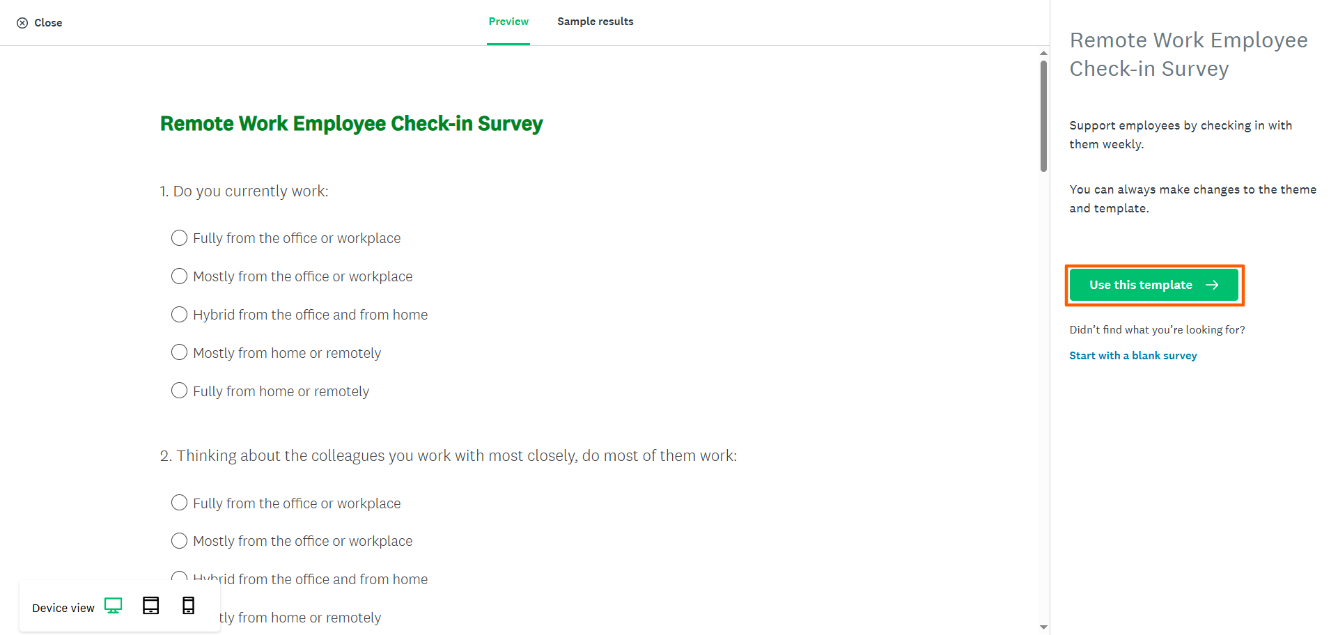 SurveyMonkey "Remote Work Employee Check-in Survey" template Use this template button