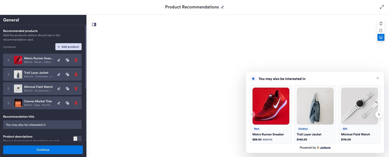 Visualizando o widget de Recomendações de Produtos