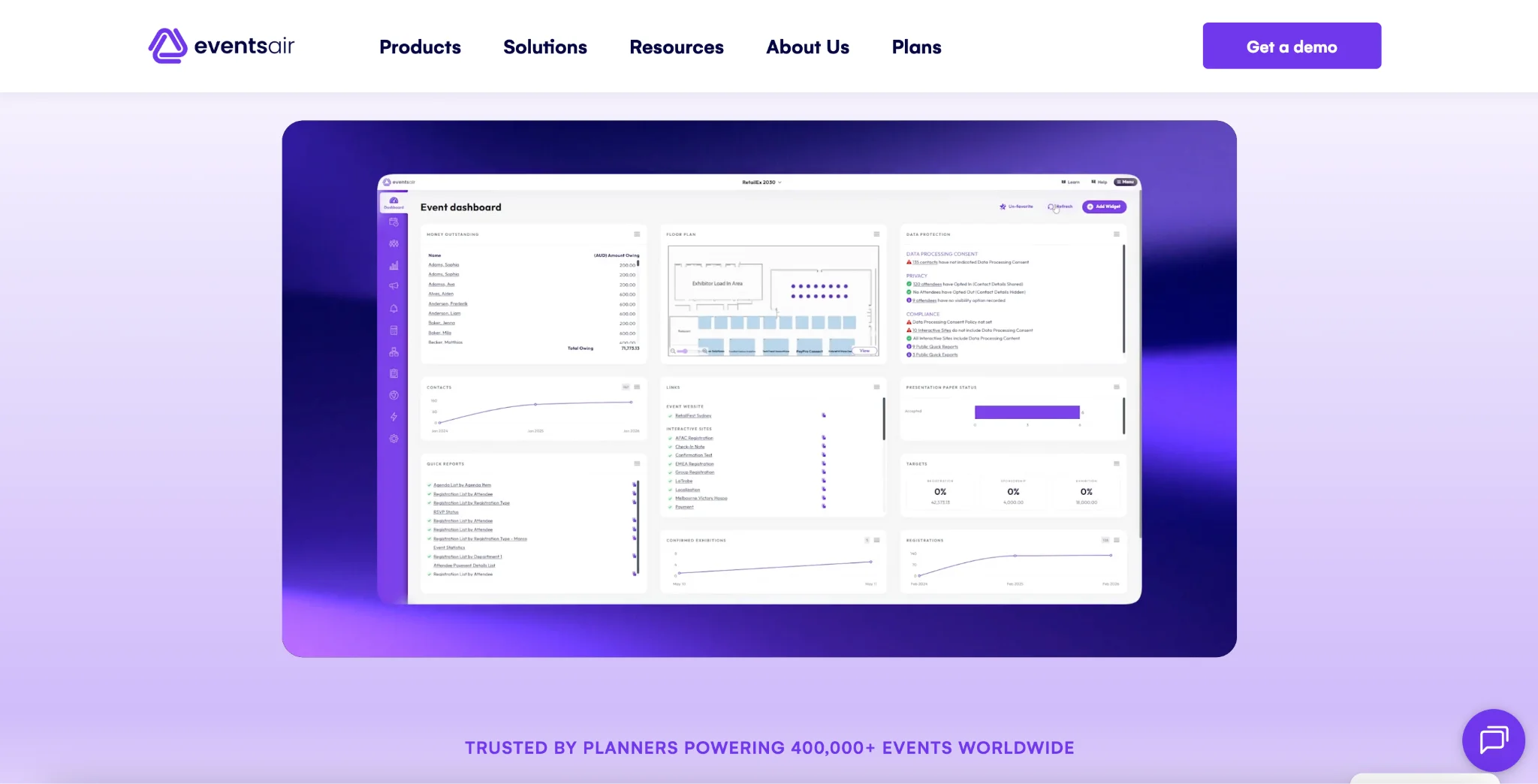 Screenshot of the EventsAir landing page