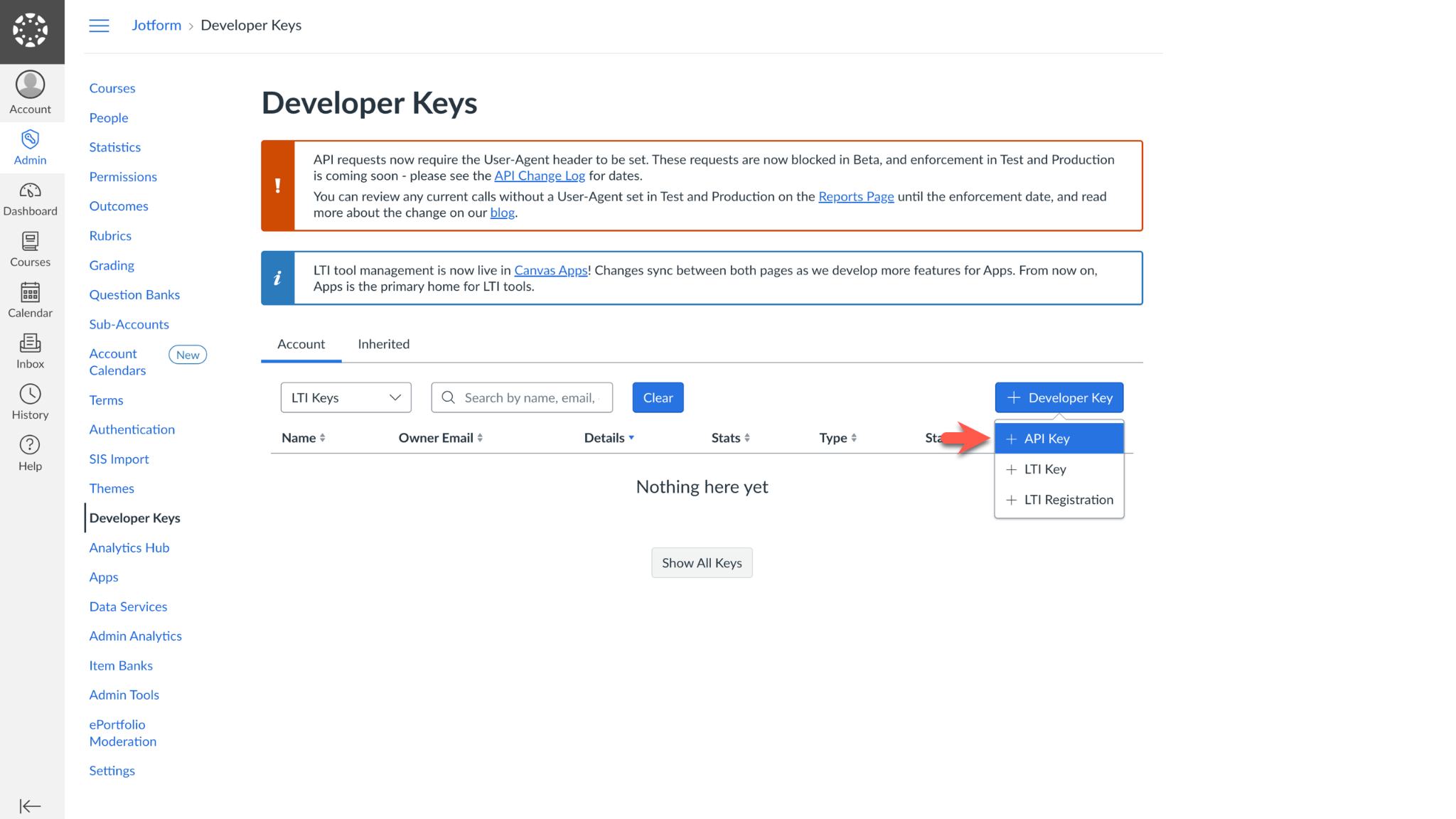Visualizando a página Developer Keys e selecionando a opção API key