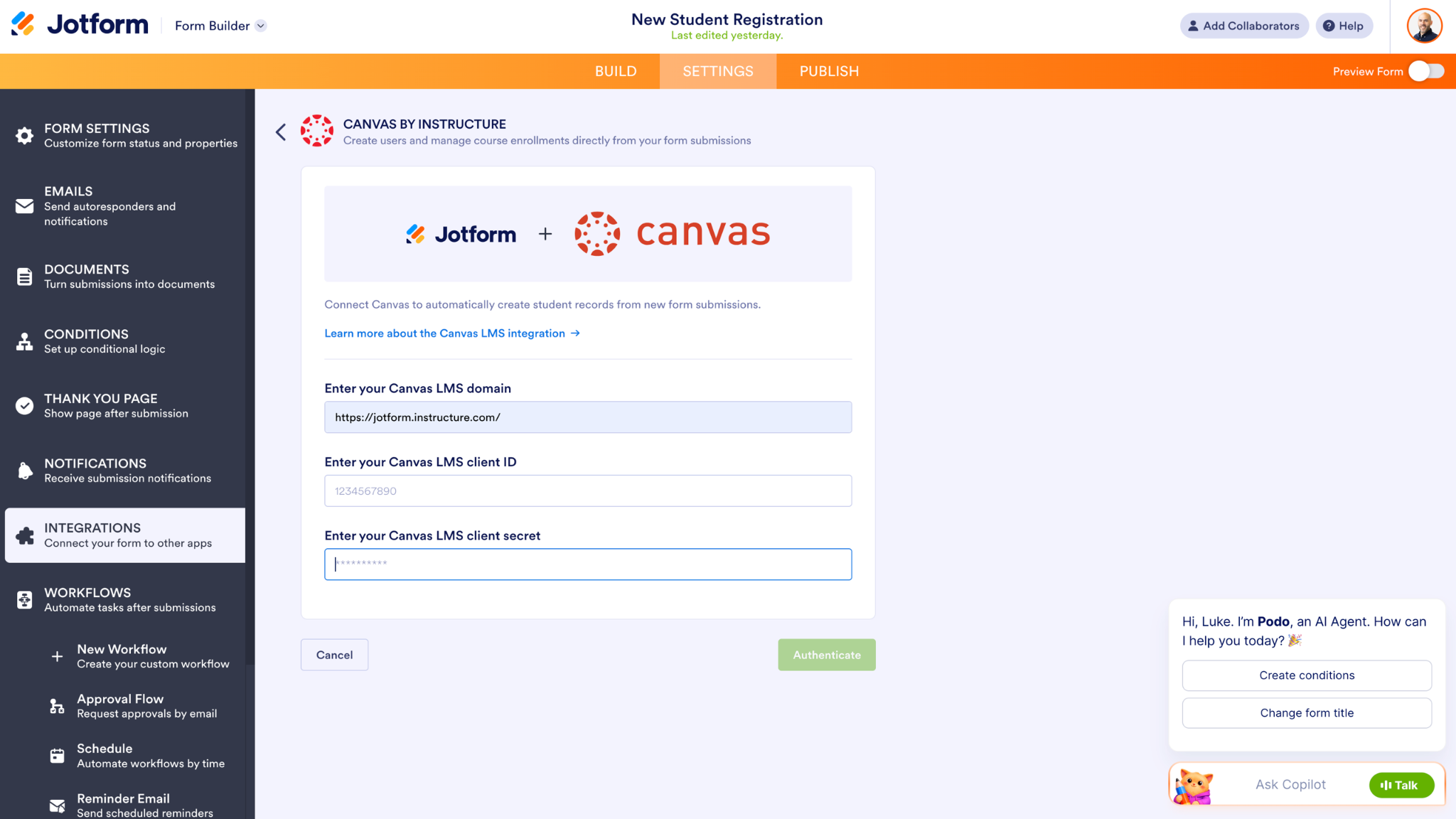 Inserindo as informações da conta do Canvas na página de integração