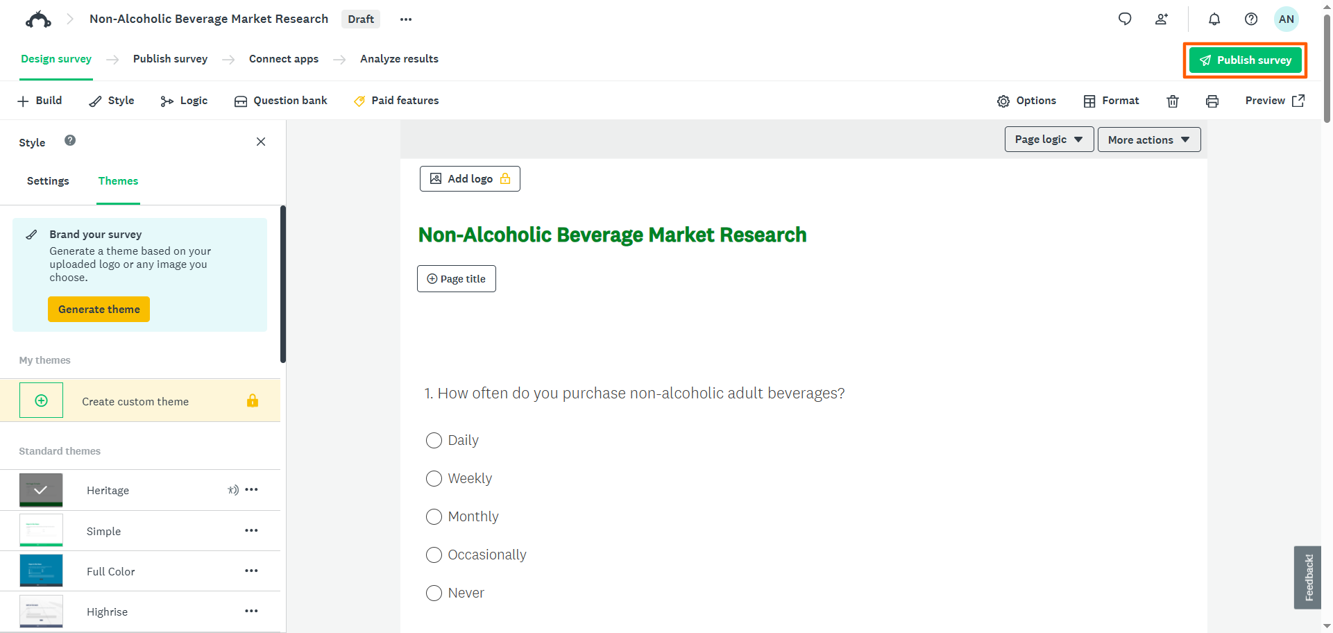 SurveyMonkey Survey Creator "Publish survey" button