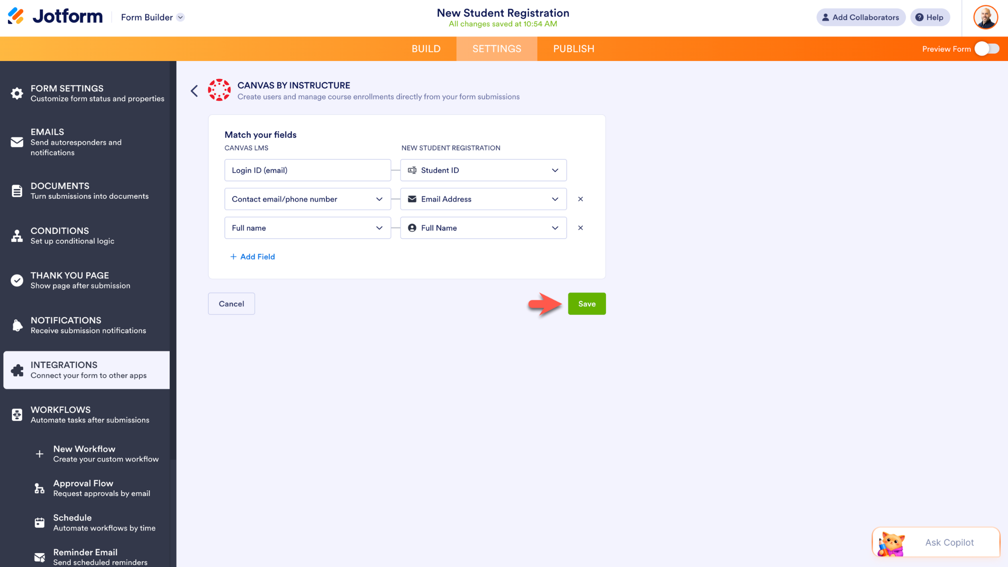 Combinando os campos para configurar a integração e clicando no botão Salvar