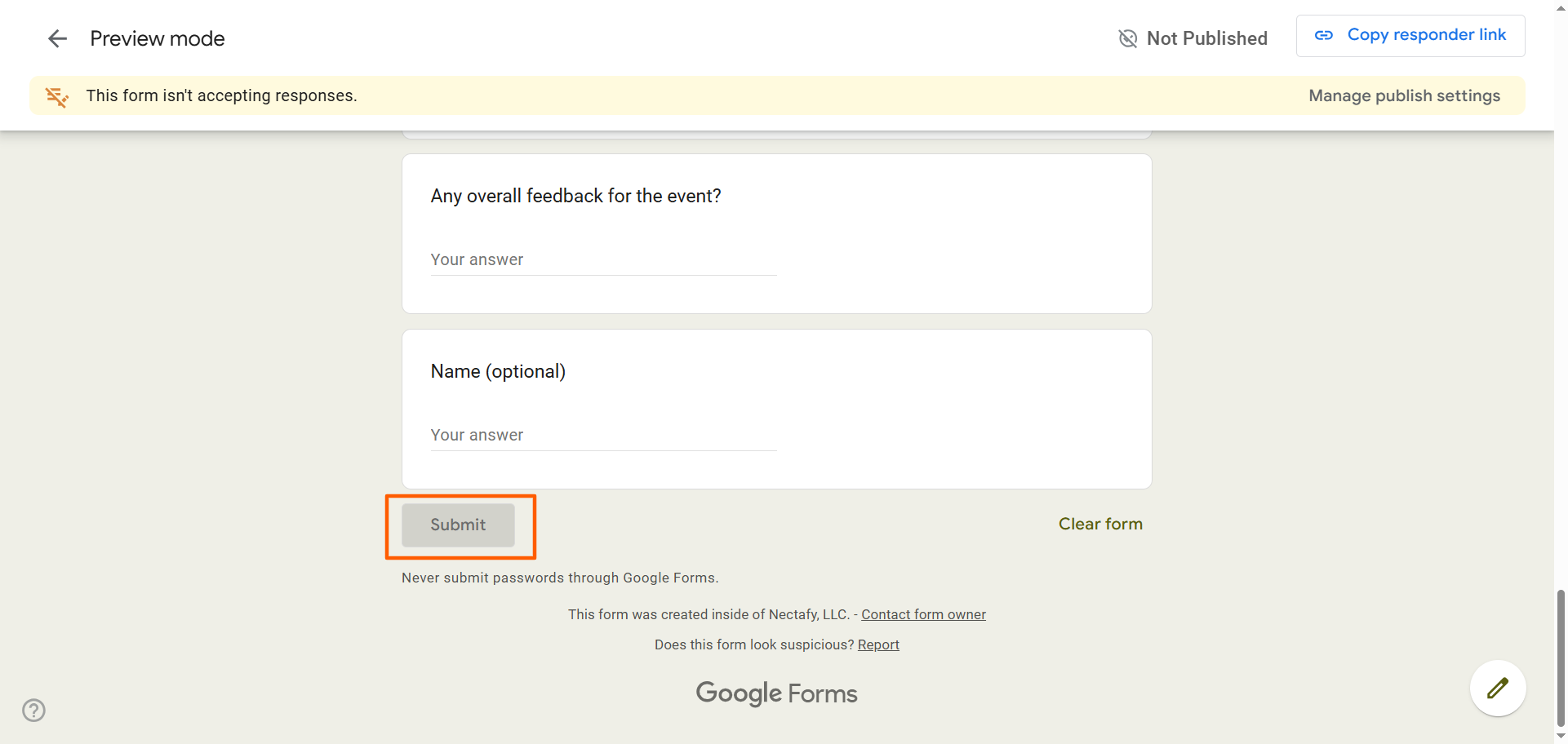Google Forms Form Preview Mode Form Submit Button