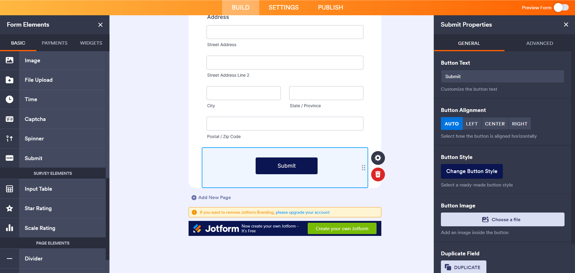 Jotform Form Builder Submit Button Field Properties Menu