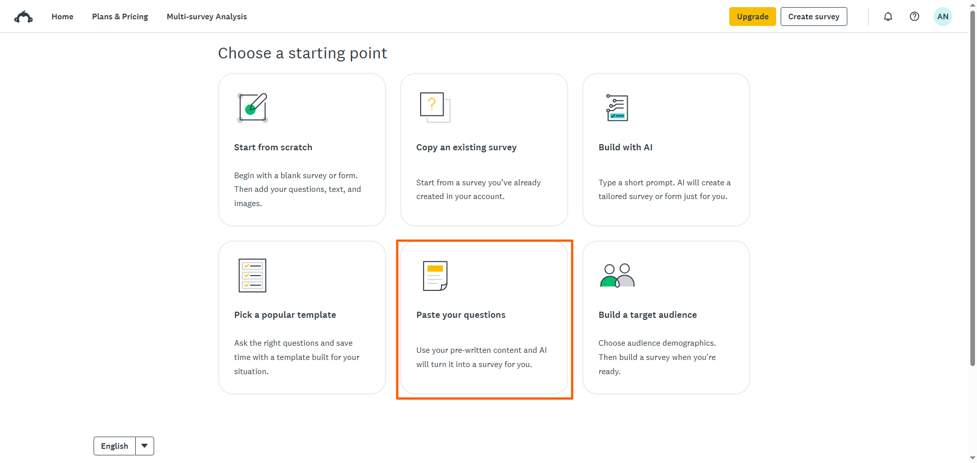 SurveyMonkey "Choose a starting point" menu "Build with AI" Button