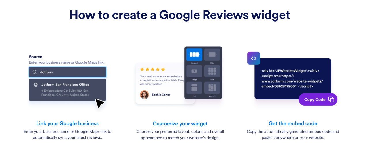 Etapas mostrando como criar um widget de avaliações do Google