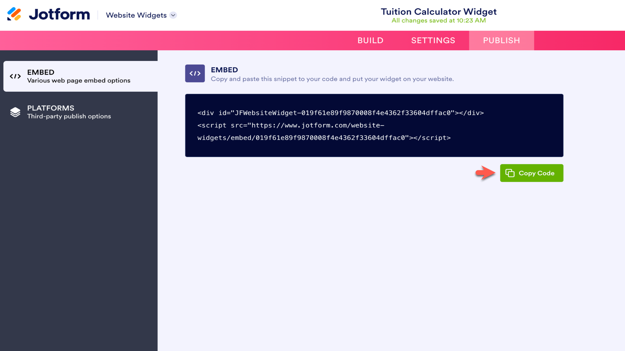 Clicking on the Copy Code button on the Embed page on the Jotform Website Widgets Builder