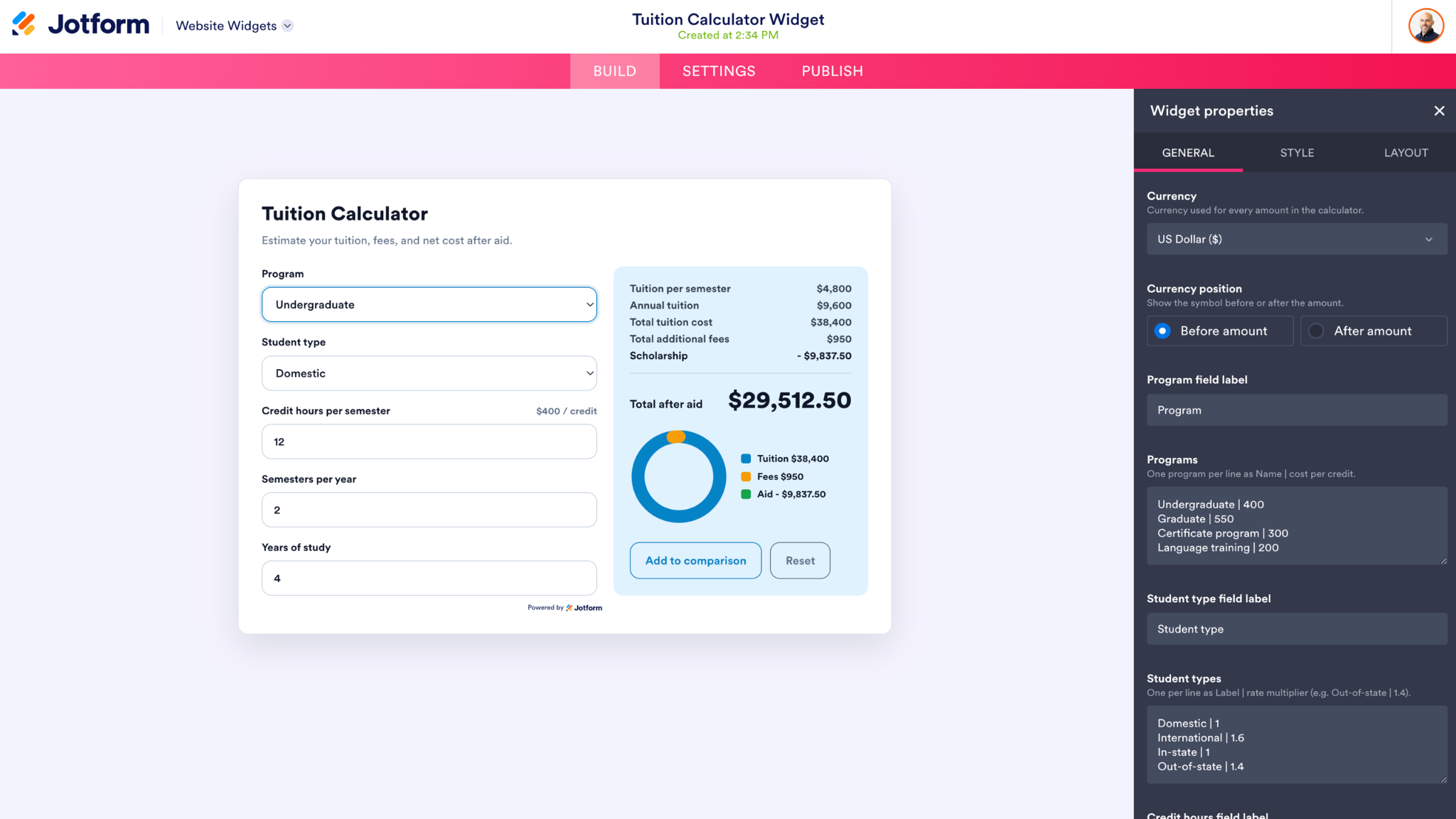 Viewing the Tuition Calculator inside of Jotform Website Widgets Builder