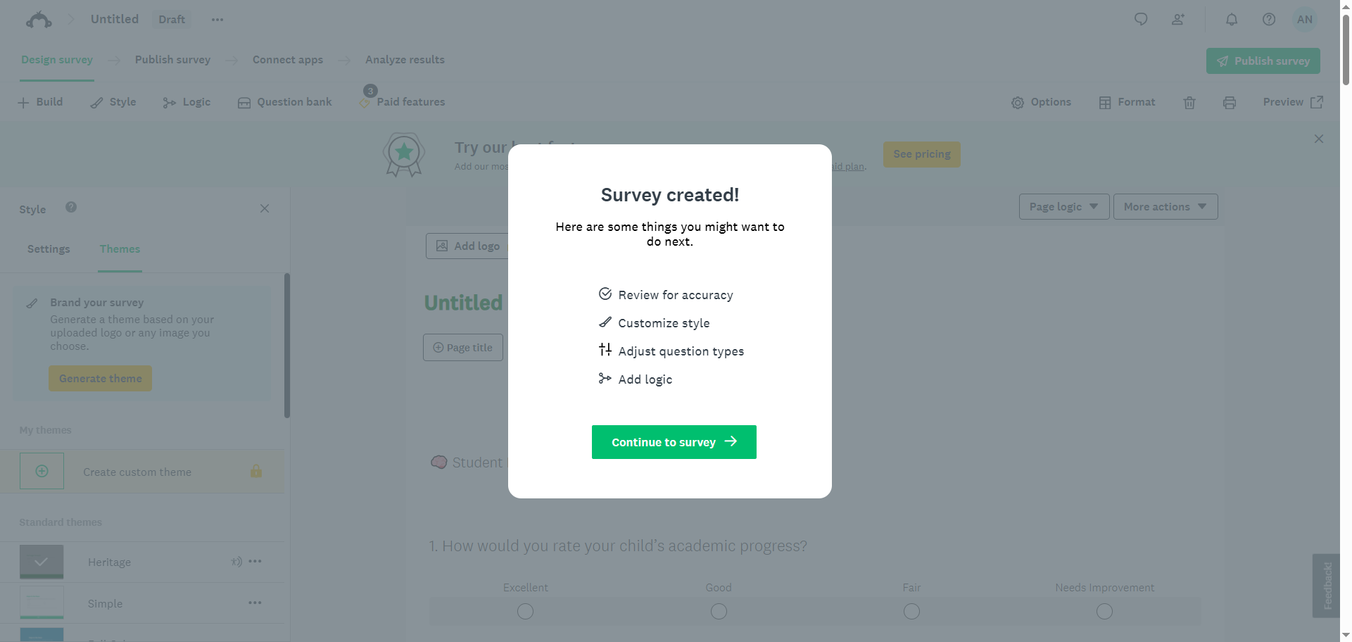 SurveyMonkey "Paste your questions" method "Survey created" Pop-up