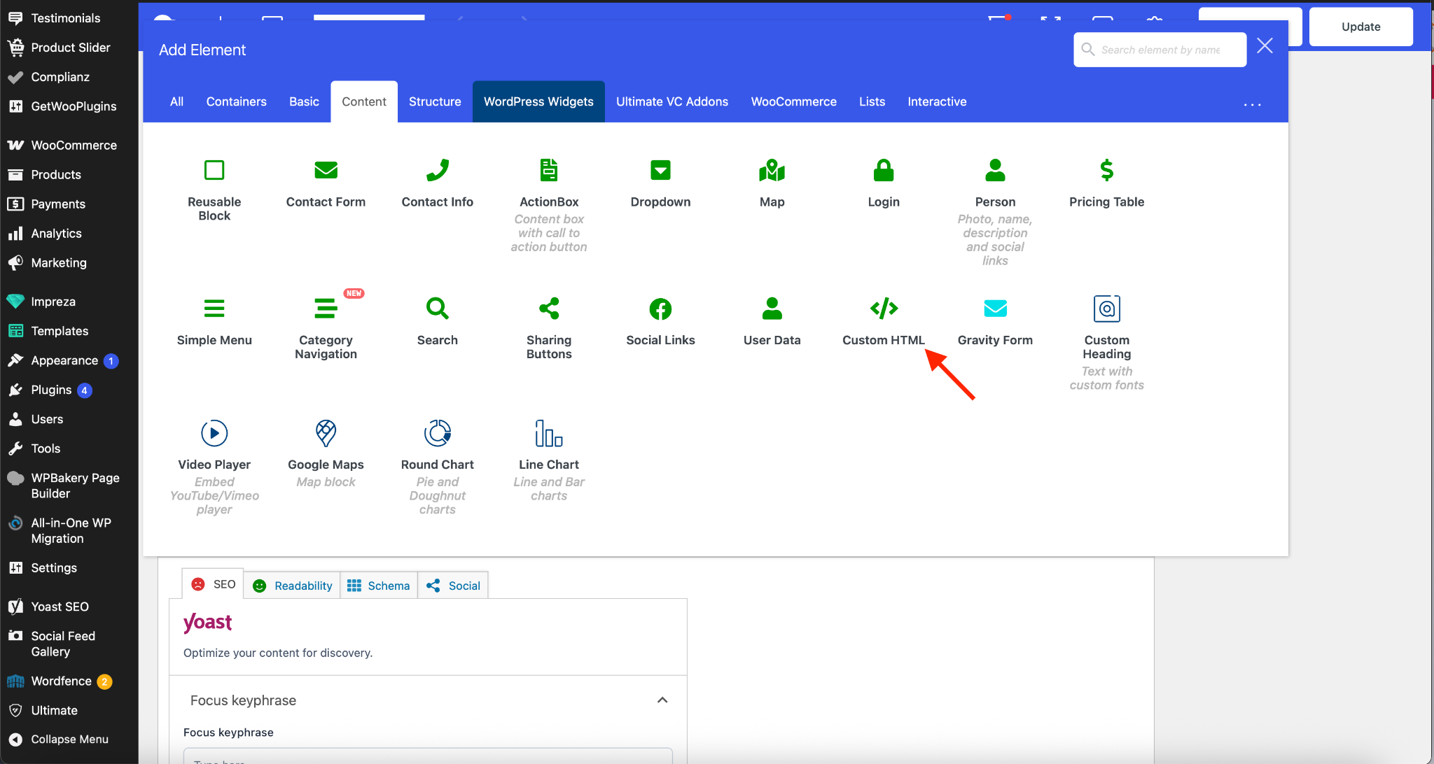 Clicking on the Custom HTML button under the Content tab inside WordPress