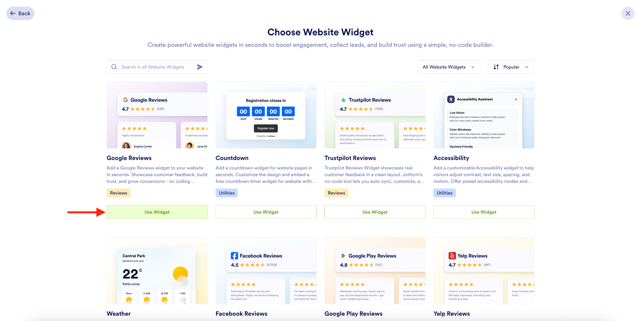 Clicking on the Use Widget button on the Website Widgets library