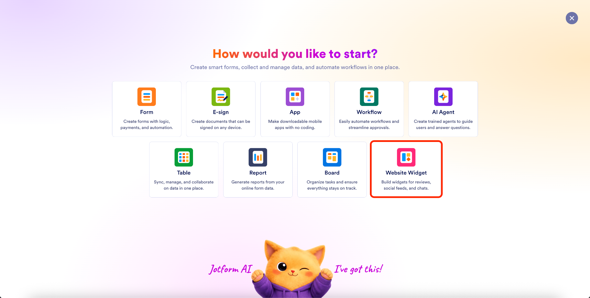 Selecting the Website Widget option from the Jotform's Create page