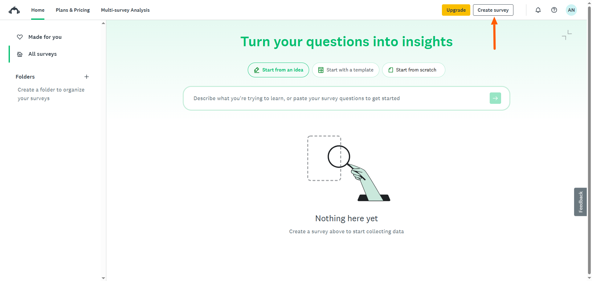 SurveyMonkey Home page Create survey Button